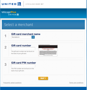 Exchange gift cards for miles enter gift card information