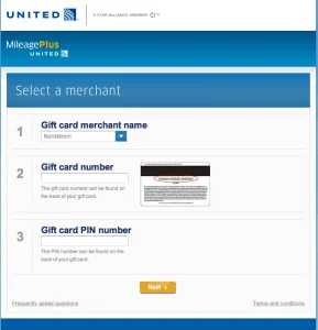 Exchange gift cards for miles enter gift card information