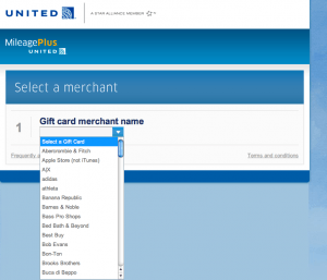Exchange gift cards for miles select merchant