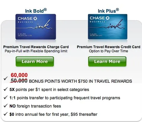60000 ultimate rewards points, ink bold, ink plus, chase