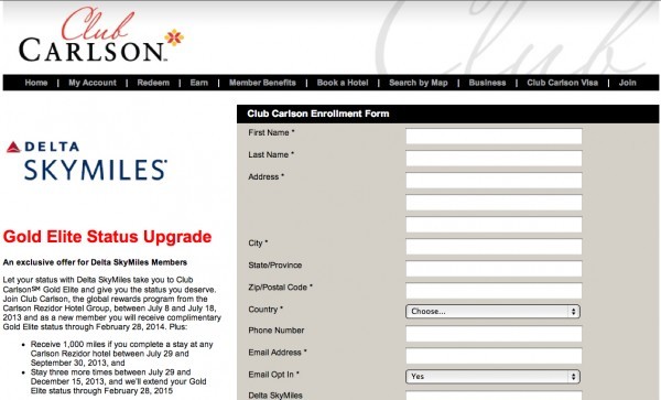 Free Club Carlson Gold Status, Delta SkyMiles