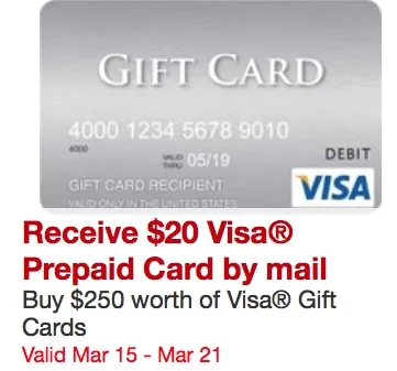 $20 visa prepaid card when you buy $250 in visa gift cards Traveling Well For Less