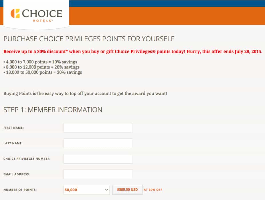 50,000 Choice hotel points for $385