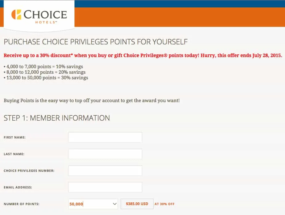 50,000 Choice hotel points for $385