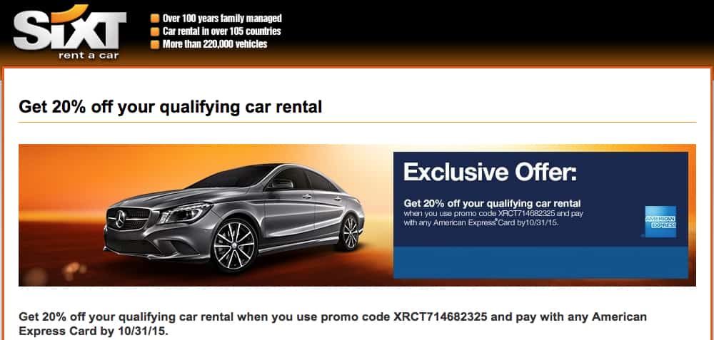 20% Off at Sixt Rent a Car with amex sync
