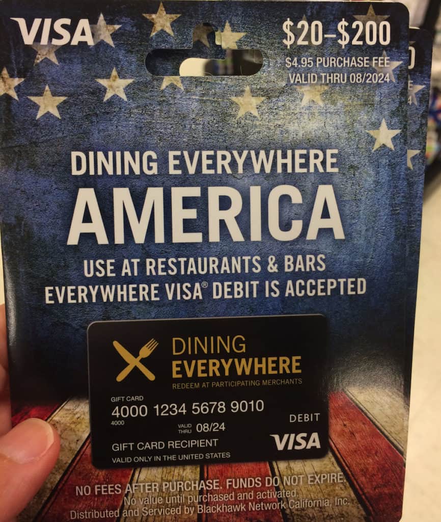 You can use the Dining Everywhere Prepaid Visa card at restaurants and bars and to buy money orders. https://www.travelingwellforless.com