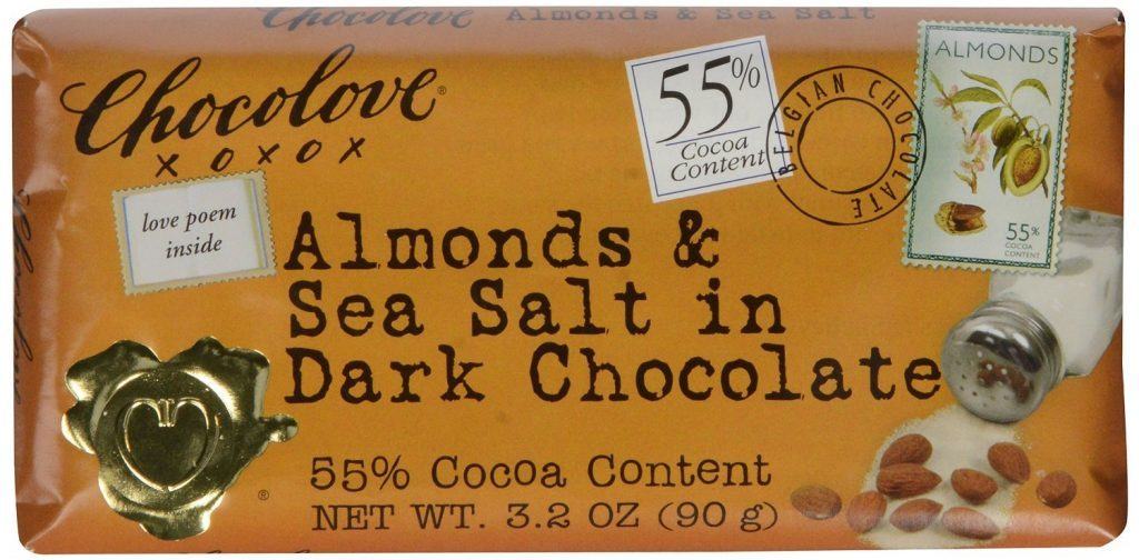Chocolove almond & sea salt bar. https://www.travelingwellforless.com