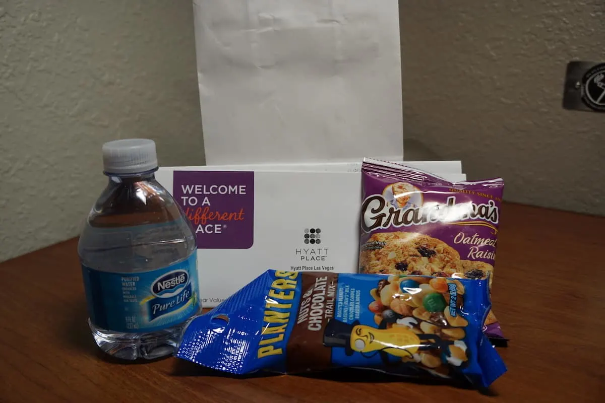 As a Gold Passport or World of Hyatt member, you might be a welcome goodie bag. | Hyatt Place Las Vegas review | Traveling Well For Less | The Hyatt Place Las Vegas is the best hotel because you get free breakfast, Wi-Fi, parking, airport shuttle, and more 