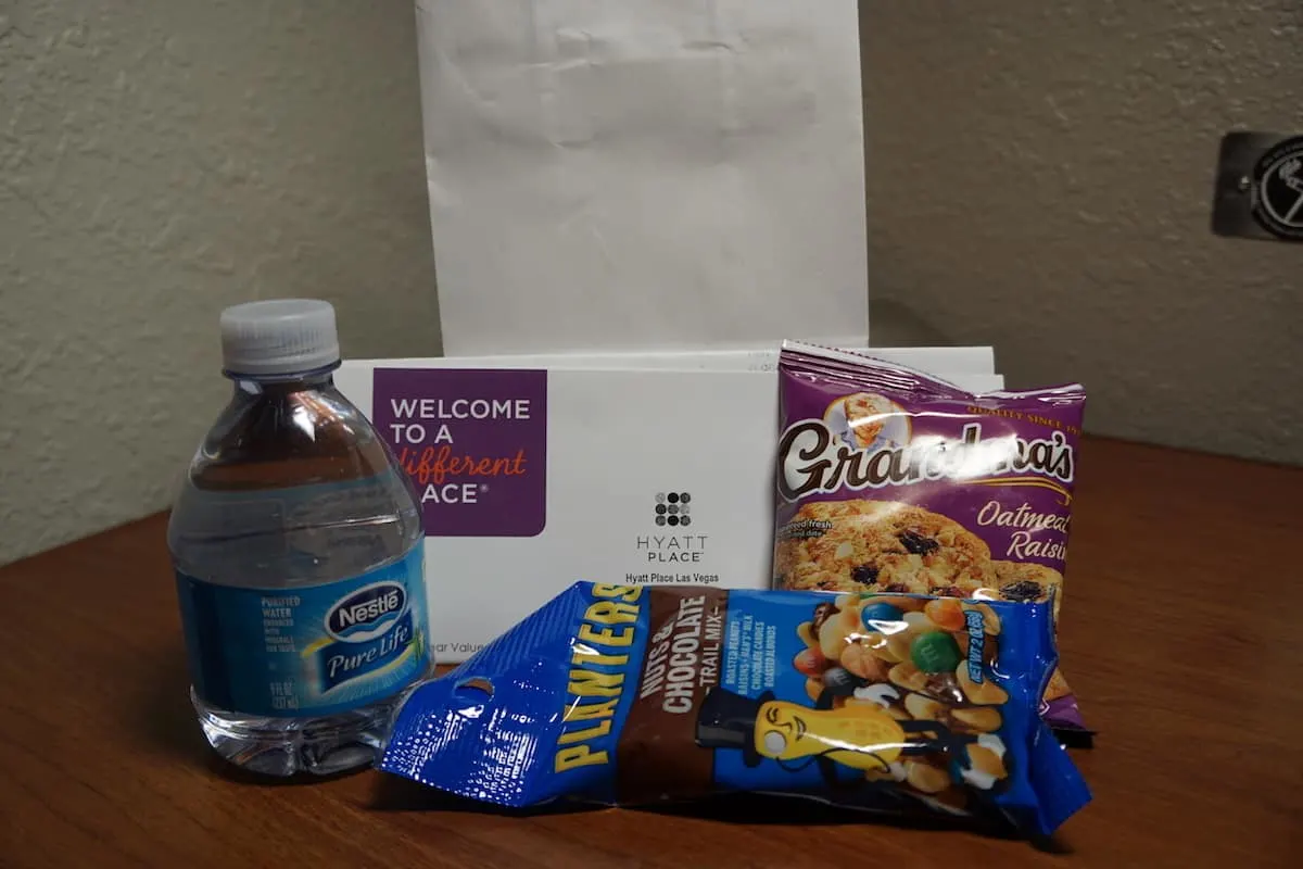 As a Gold Passport or World of Hyatt member, you might be a welcome goodie bag. | Hyatt Place Las Vegas review | Traveling Well For Less | The Hyatt Place Las Vegas is the best hotel because you get free breakfast, Wi-Fi, parking, airport shuttle, and more