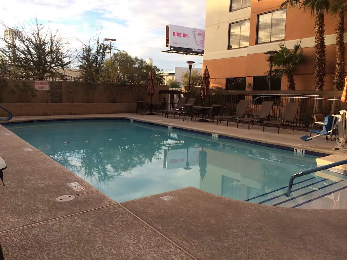 You can swim in pool at the Hyatt Place Las Vegas all year. Traveling Well For Less | Hyatt Place Las Vegas review | The Hyatt Place Las Vegas is the best hotel because you get free breakfast, Wi-Fi, parking, airport shuttle, and more 