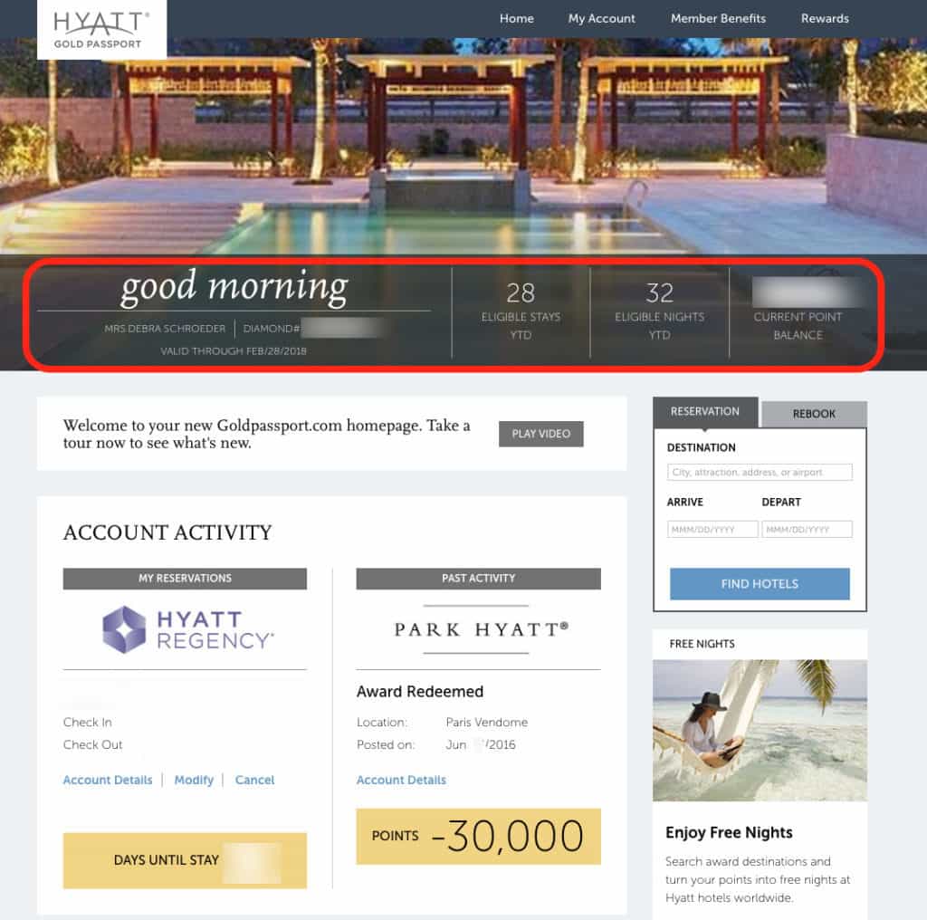 The New Hyatt Gold Passport website has a personalized page that shows your elite status or how many stays or nights you need to get to Diamond elite status. TravelingWellForLess.com