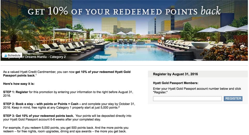 You get 10% of your Hyatt points back on Hyatt stays booked through October 31, 2016. TravelingWellForLess.com