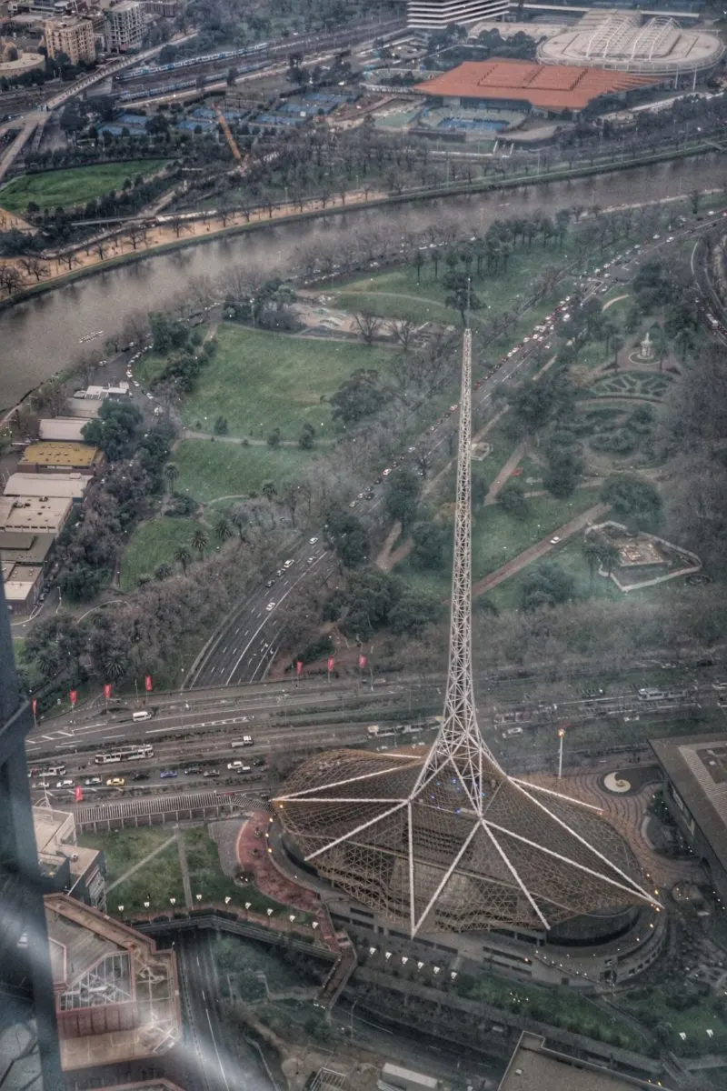 Melbourne Arts Centre from Eureka Skydeck Edge. TravelingWellForLess.com