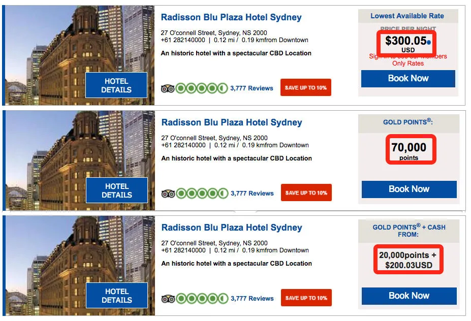 Comparing a paid stay or using points at the Radisson Sydney. 