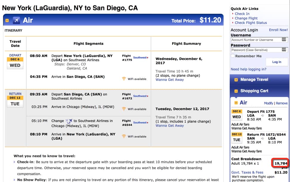 The same flight costs 19,784 points. You can buy 20,000 points for $276. You'll save $64.57 when you buy Southwest points. Then use those points to book your flight. | travel tips | travel hacks | buyings points saves money on airline tickets | TravelingWellForless.com