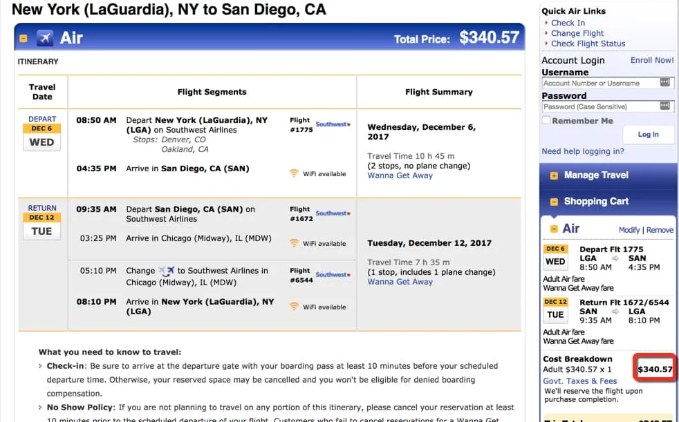 Buying a round-trip ticket from New York to San Diego costs $340.57.