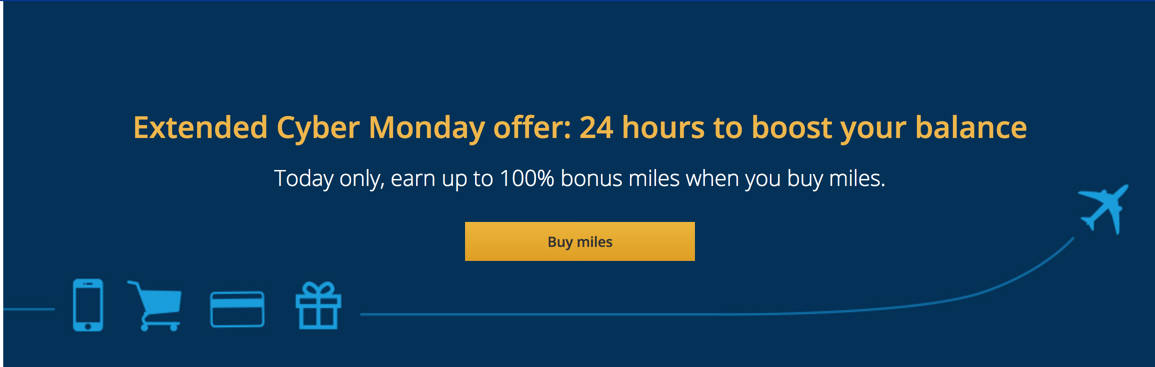 You can get up to a 100 percent bonus on United miles bought today only. This is one Cyber Tuesday deal you should take advantage of. TravelingWellForLess.com