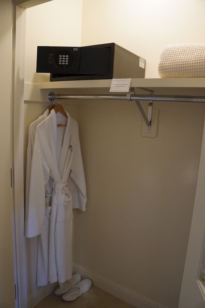 If you decide to putter around in your room, comfortable robes and slippers await in the closet. A laptop sized safe stores your electronics and other valuable items. | Santa Barbara | Where to stay in Santa Barbara | Santa Barbara beachfront hotel | California | American Riveria | www.TravelingWellForLess.com