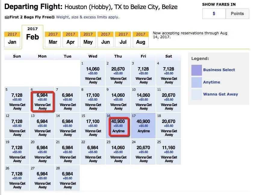 Anytime flights cost more Southwest points than Wanna Getaways flights.