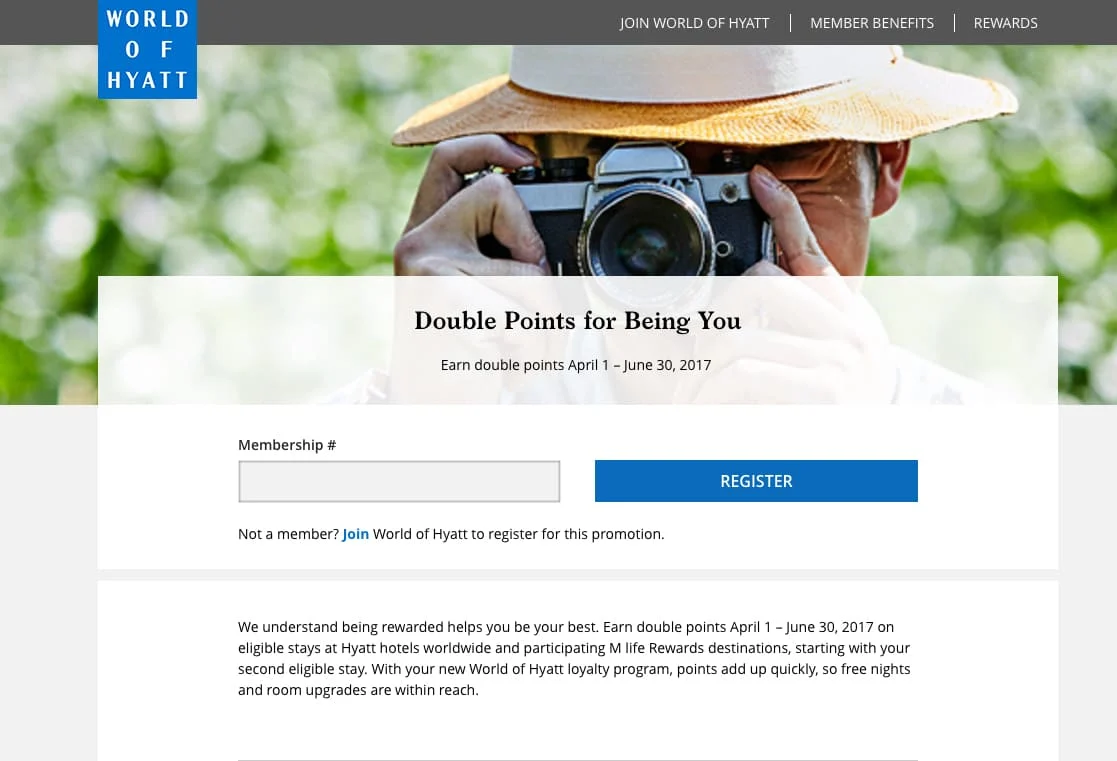 Earn Hyatt double points on stays from April 1, 2017 to June 30, 2017.