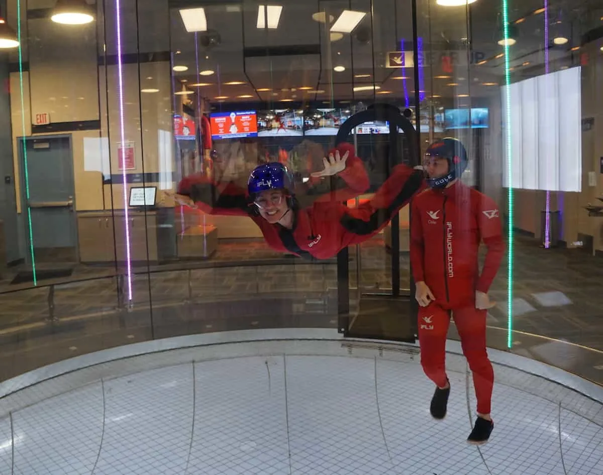 The thrill of skydiving without jumping out of an airplane at iFly Portland Indoor Skydiving. Floating free miles above the ground, the air whipping around my legs. That excites me. | iFly Portland Indoor Skydiving | https://www.travelingwellforless.com