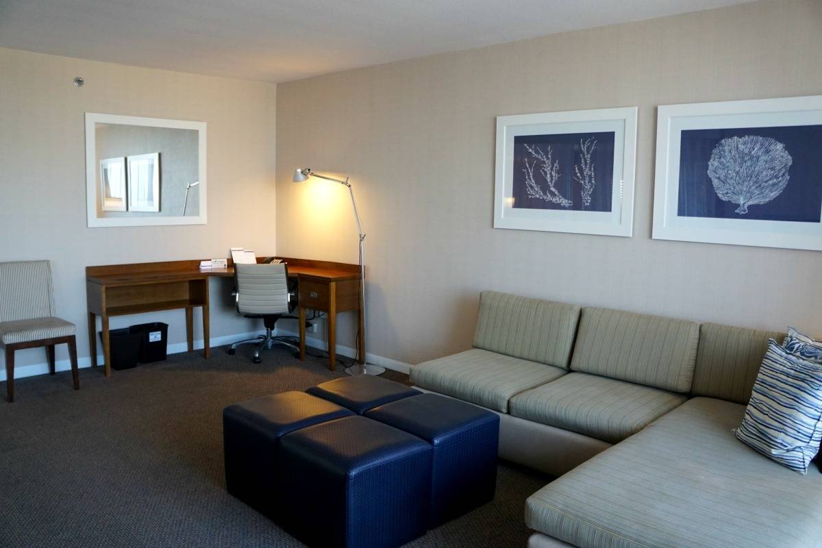 Relax in the Hyatt Regency Mission Bay Spa and Marina corner suite living room or let the kids run around and play. TravelingWellForLess.com