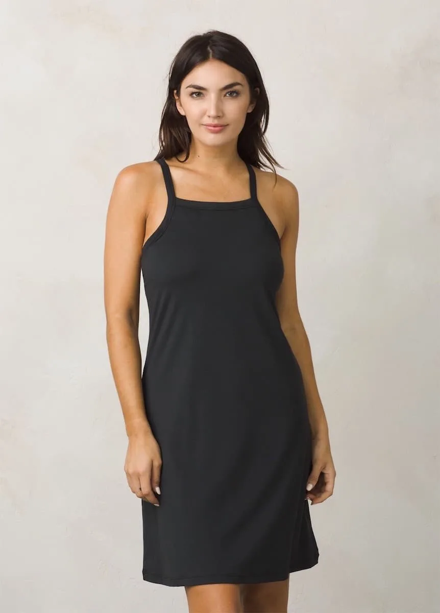 The Prana Ardor dress is versatile, lightweight, moisture wicking, and made from recycled polyester. Modest enough to wear to work. Order in black and go from day to evening. travel gifts for Mother's Day | https://www.travelingwellforless.com #travelgifts #mothersdaygifts