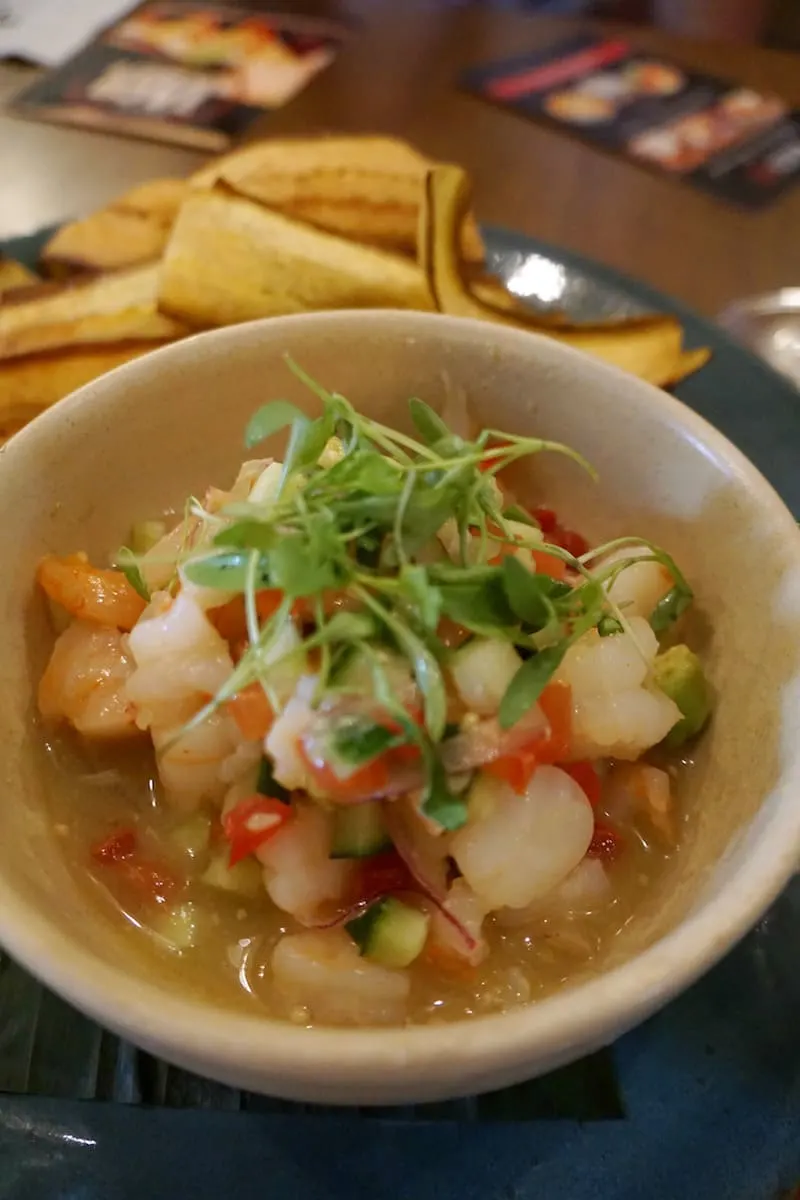 Bursting with flavor and plenty of shrimp, the plantains make it easy to scoop up the ceviche. | Rick Bayless | Red O La Jolla | Where to eat in San Diego | Mexican restaurant | TravelingWellForLess.com