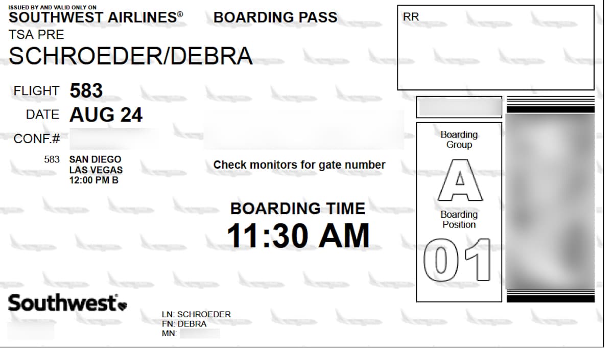 boarding pass for Southwest flight showing A 1 boarding position