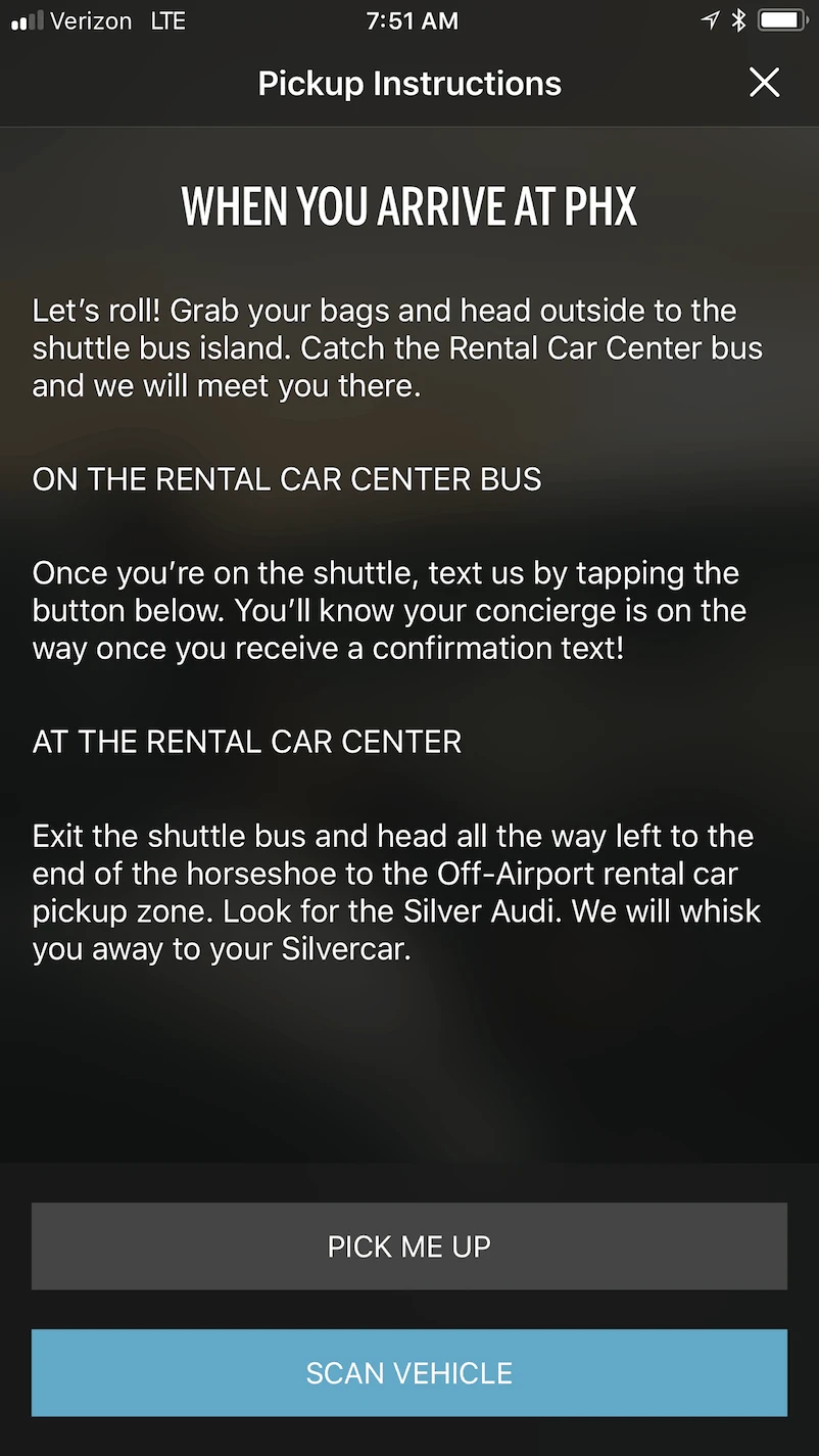 For Phoenix rentals, you take the rental car center bus and click the "pick me up" button to text Silvercar.