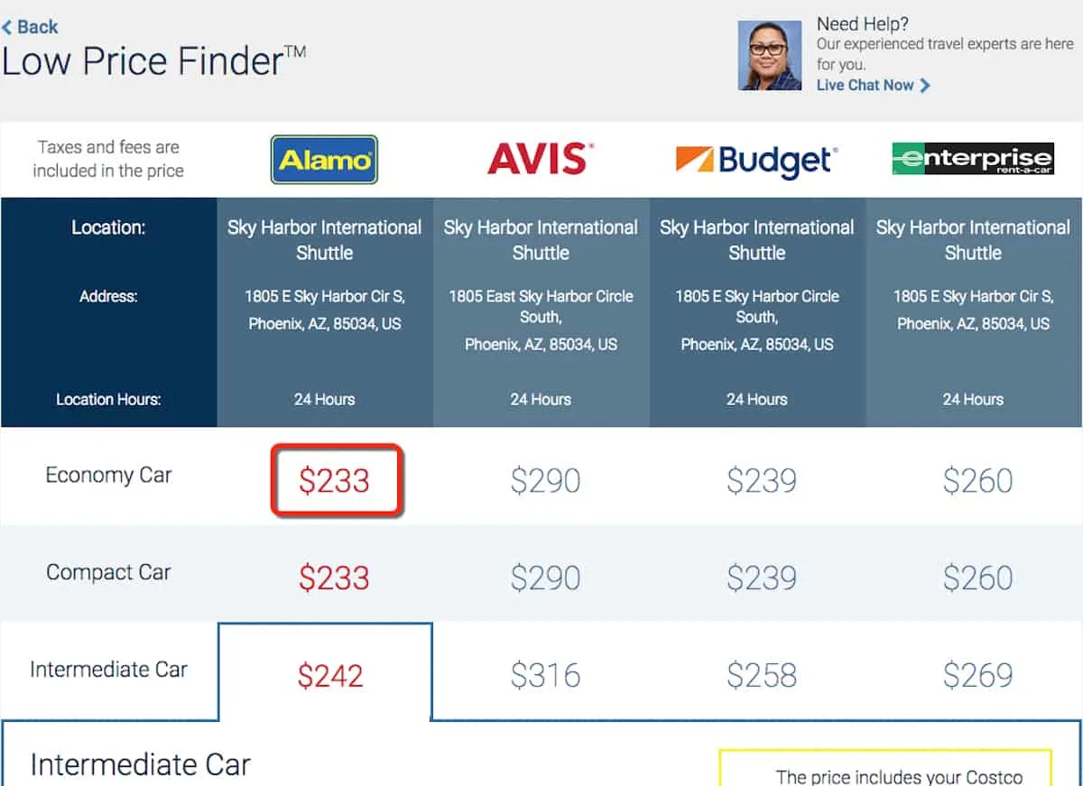 A last minute 4-day economy car rental booked with Alamo through Costco cost $233 or $242 for an intermediate car.