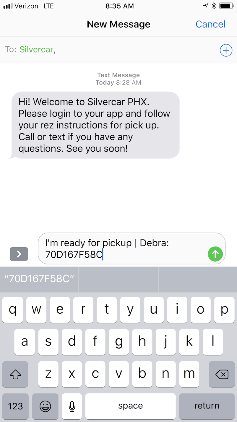 Silvercar receives a text with your name and confirmation number.