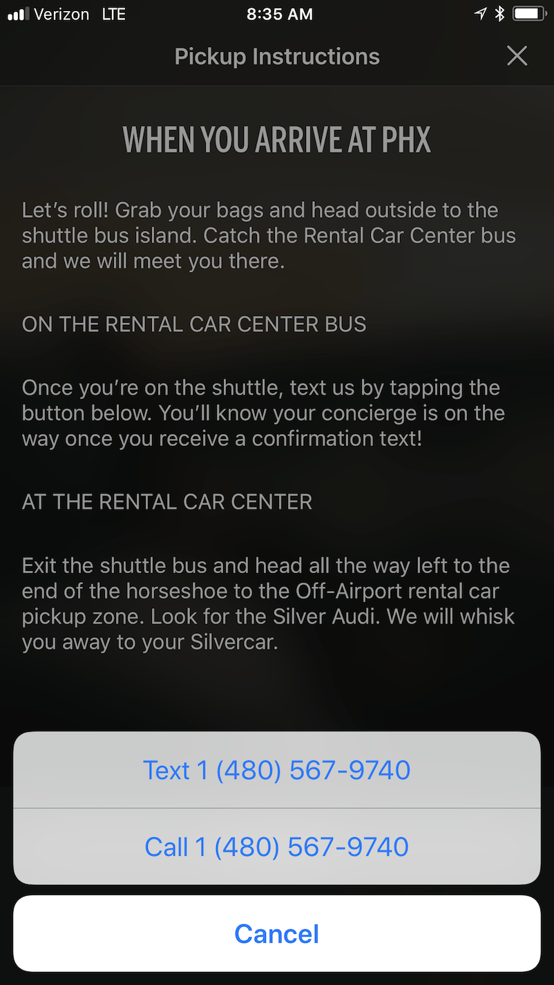The app will show the local numbers for Silvercar. Click on "Text" or "Call."