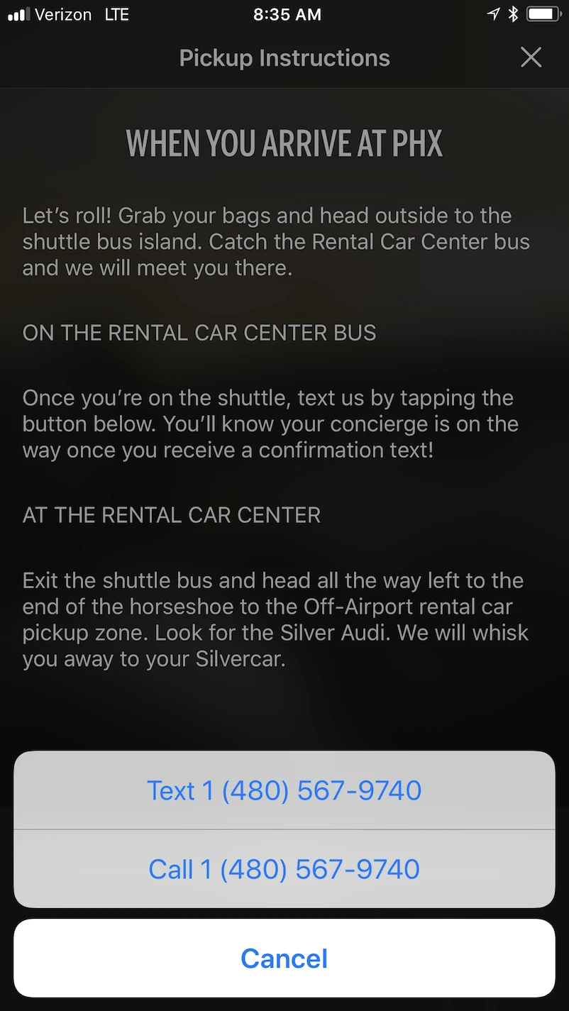 The app will show the local numbers for Silvercar. Click on "Text" or "Call."