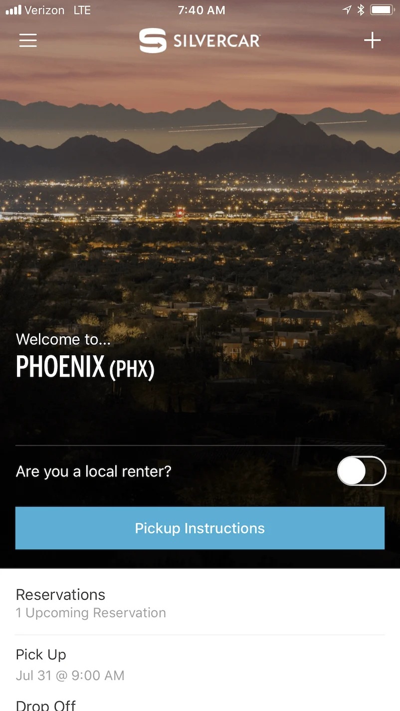 After arriving at the Phoenix airport, click the "Pickup Instructions" button in the Silvercar app