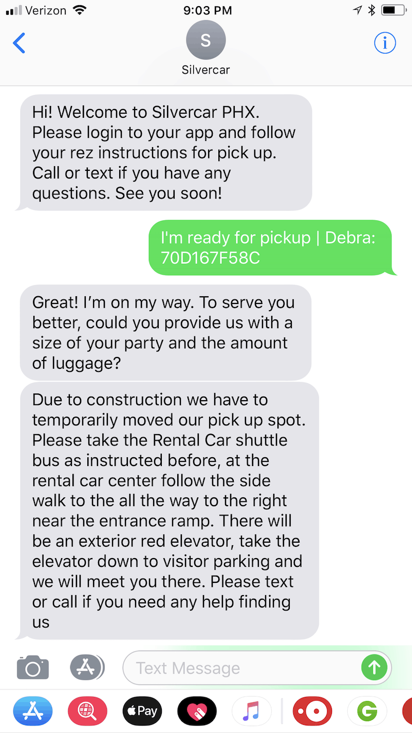 You'll receive a text confirming they are on the way to pick you up and where to meet. They'll also ask how many are in your party and how many pieces of luggage.