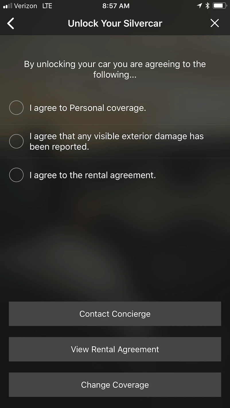When you unlock your Silvercar, you have to agree to the 3 conditions.