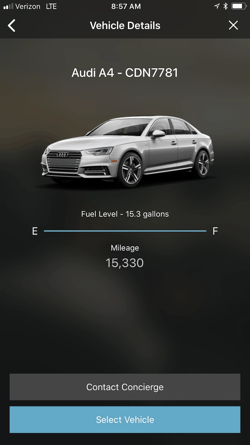 Once scanned it shows your vehicle details: plate, fuel level, and mileage.