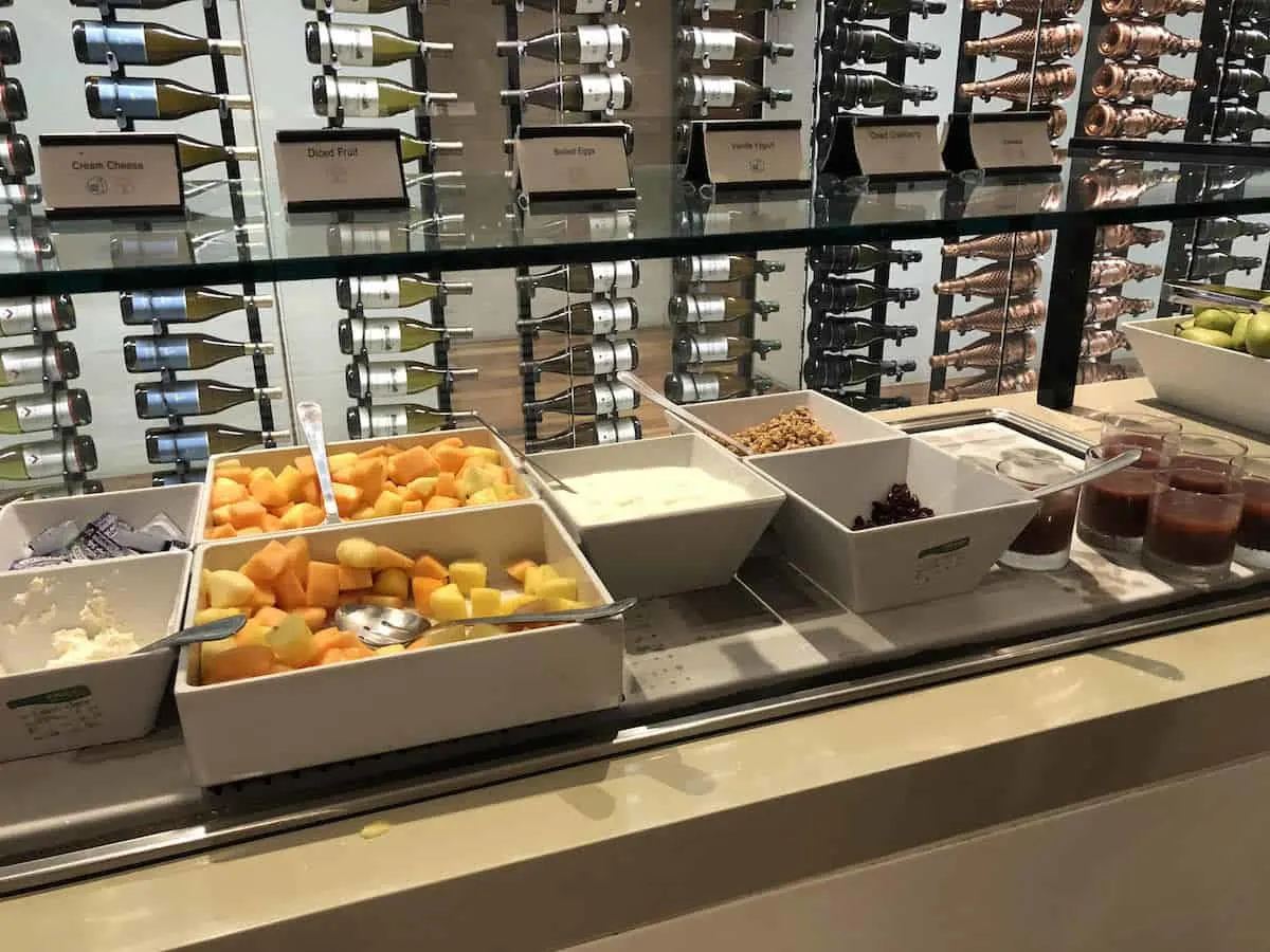 Fruit, eggs, yogurt, granola, and smoothies Star Alliance Business Class Lounge LAX