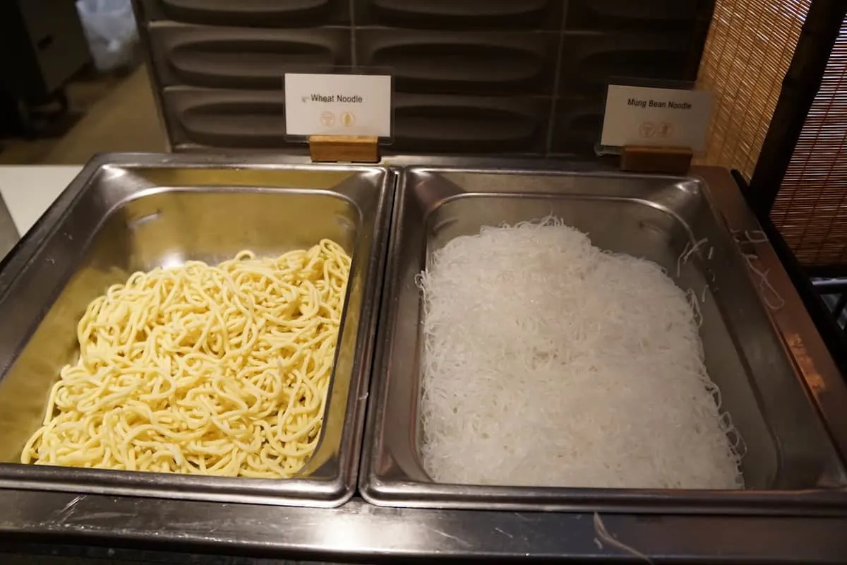 Selections of noodles at noodle bar Star Alliance Business Class Lounge LAX