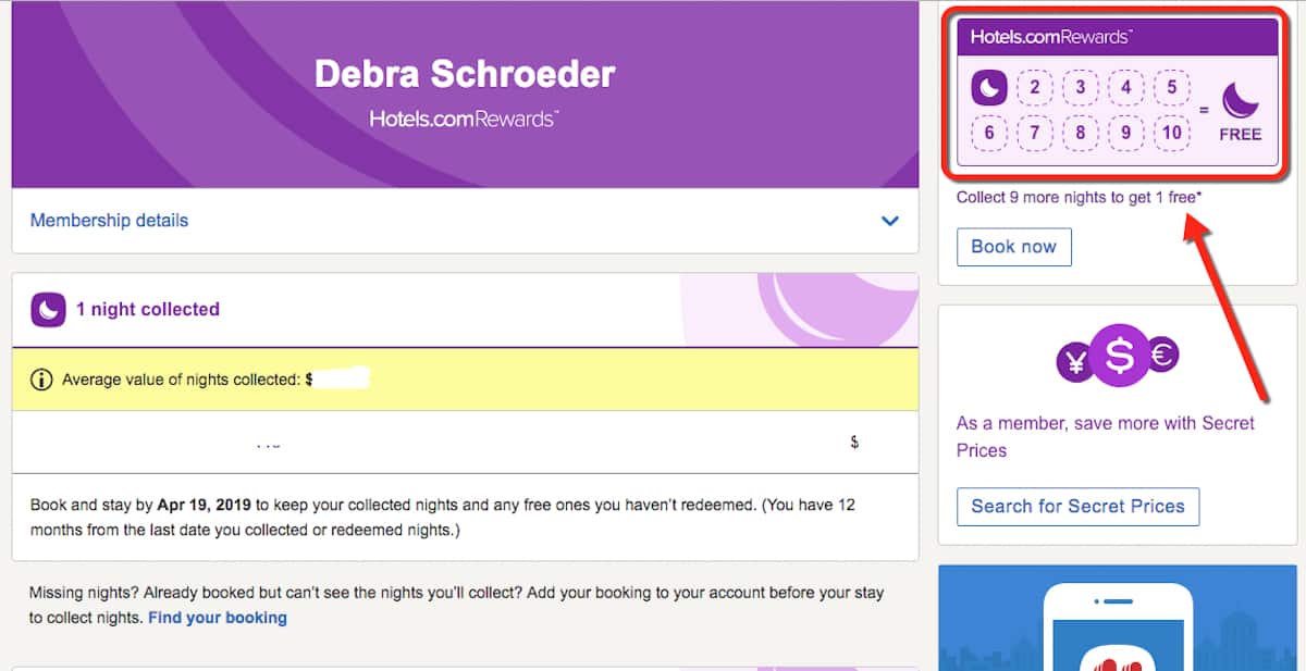 screenshot of hotels.comrewards account