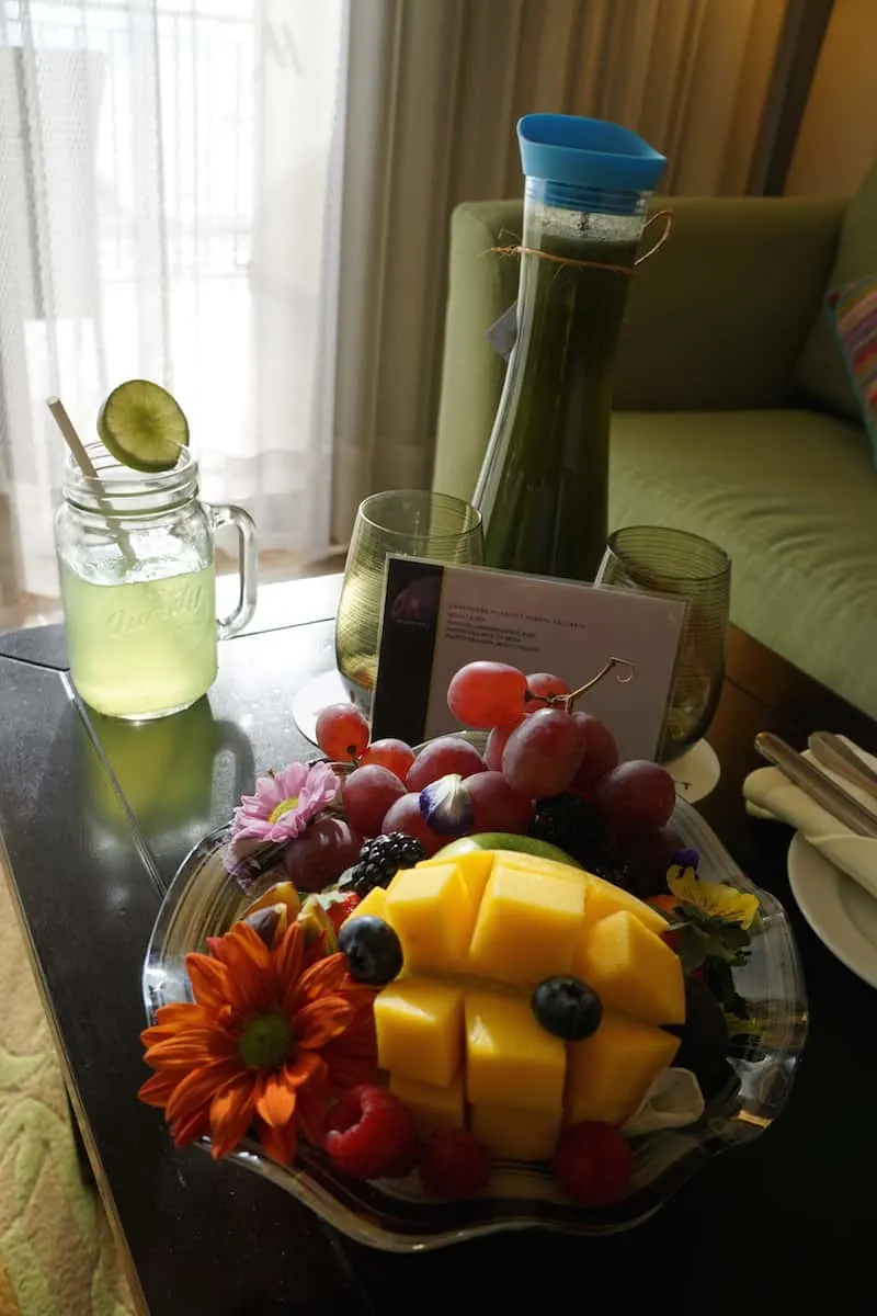 A fruit basket and pitcher of cucumber water was a refreshing treat after my flight. | Marriott Puerto Vallarta Resort & Spa | where to stay in Puerto Vallarta | www.TravelingWellForLess.com