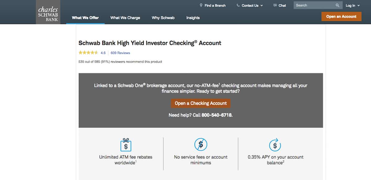 screen shot of Charles Schwab website to open a checking account