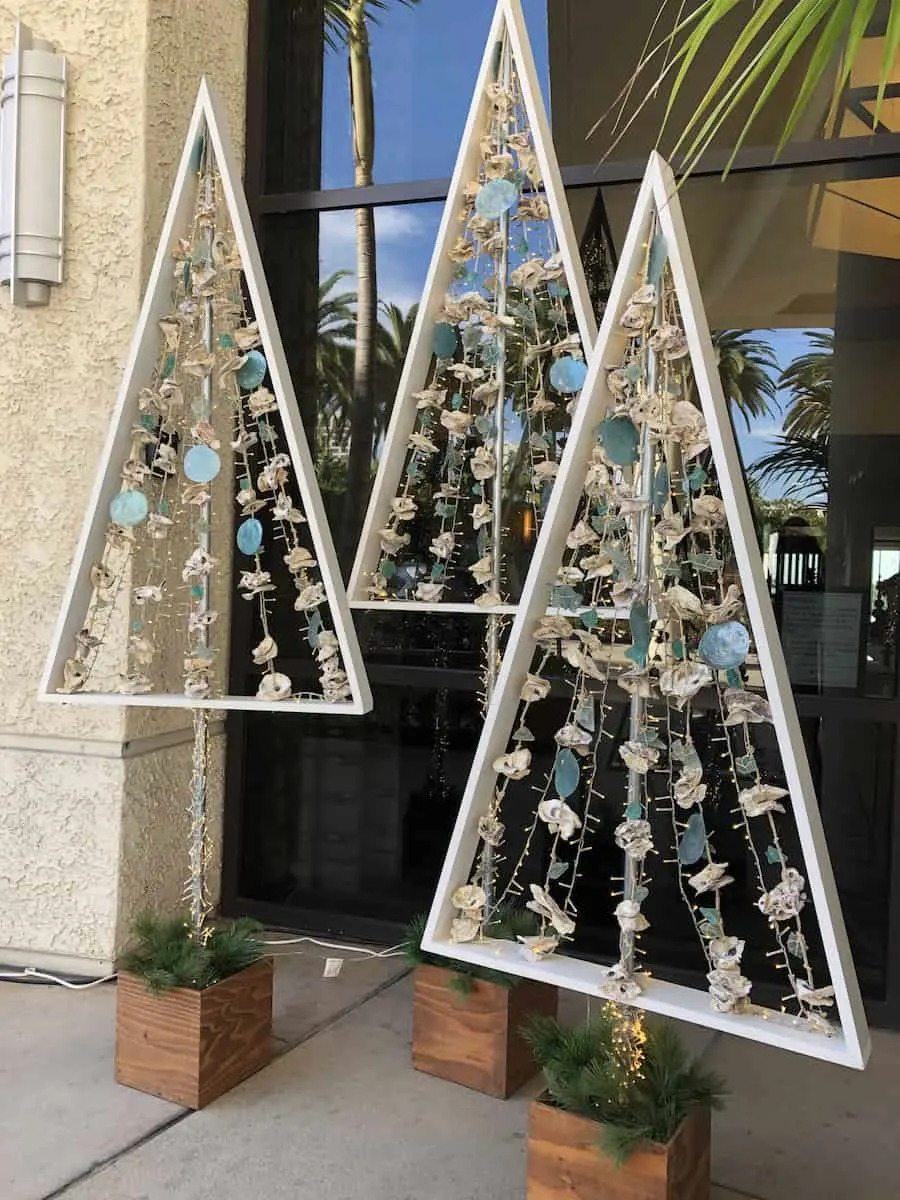 Christmas trees made from shells in front of Newport Beach Marriott Hotel