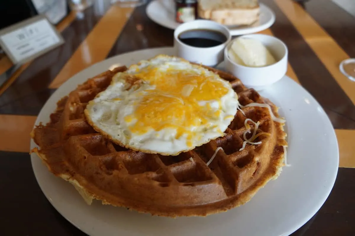 Bacon cheddar cheese waffle two eggs, Silver Trumpet, best things to do in Costa Mesa