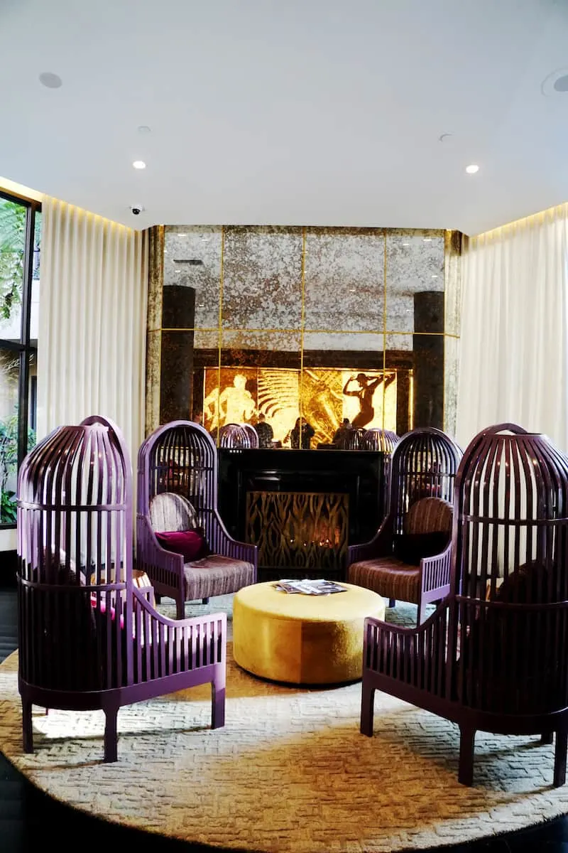 purple nest lounge chairs in the lobby of Avenue of the Arts Costa Mesa