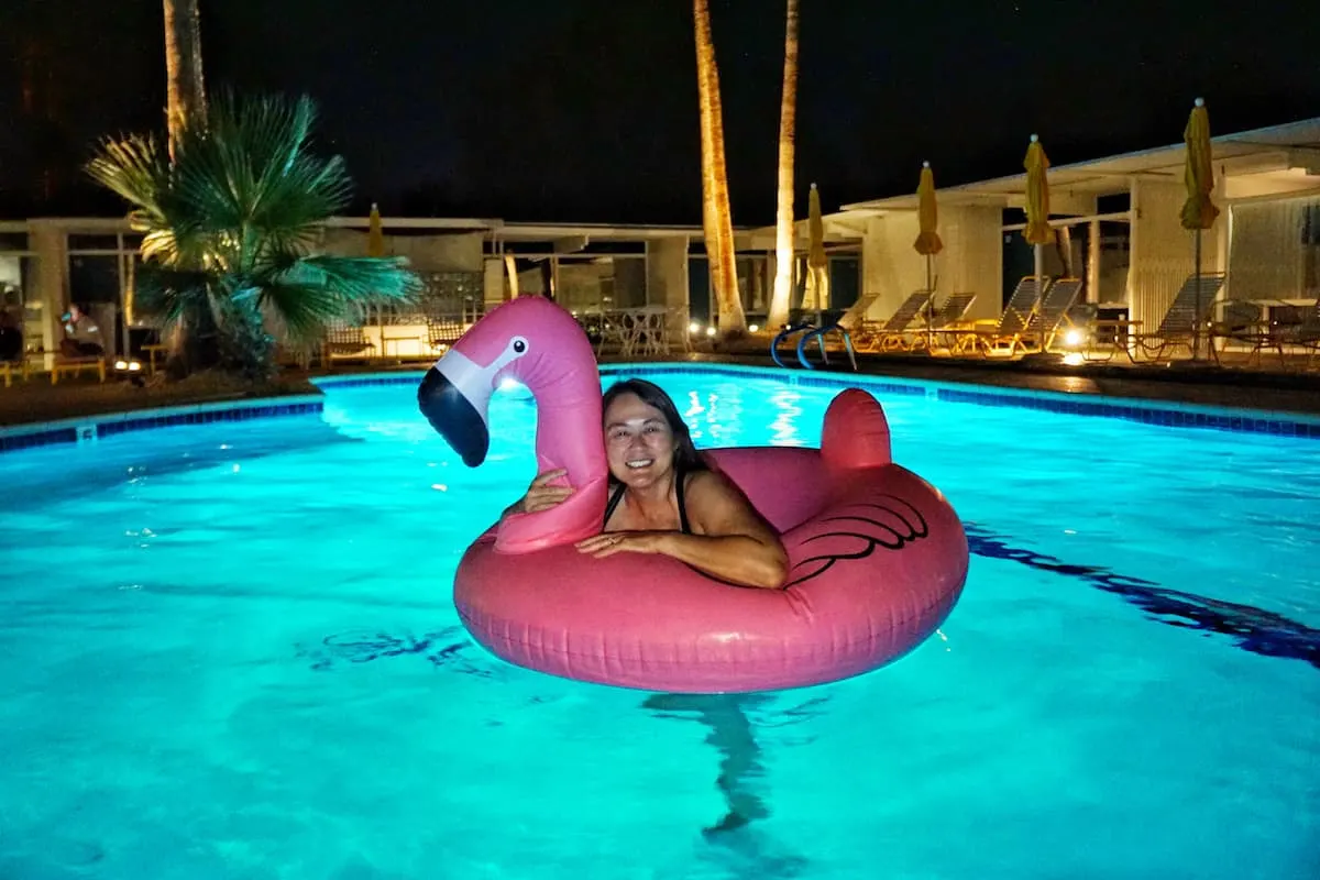 pink flamingo in pool at night in Palm Springs