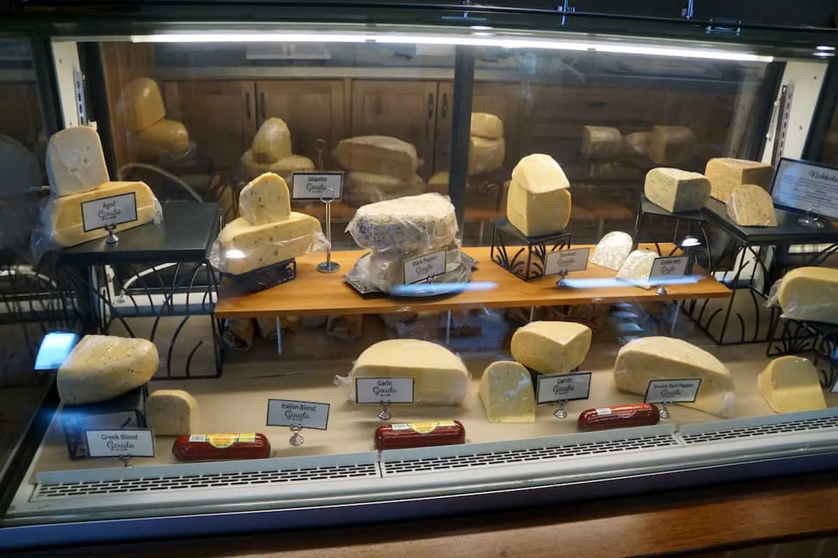 A refrigerated display of 11 types of gouda cheese at Appel Farms. If you love cheese, one of the best things to do in Lynden is a trip to Appel Farms. #cheese #gouda #thingstodoinLynden #Lynden #Washington