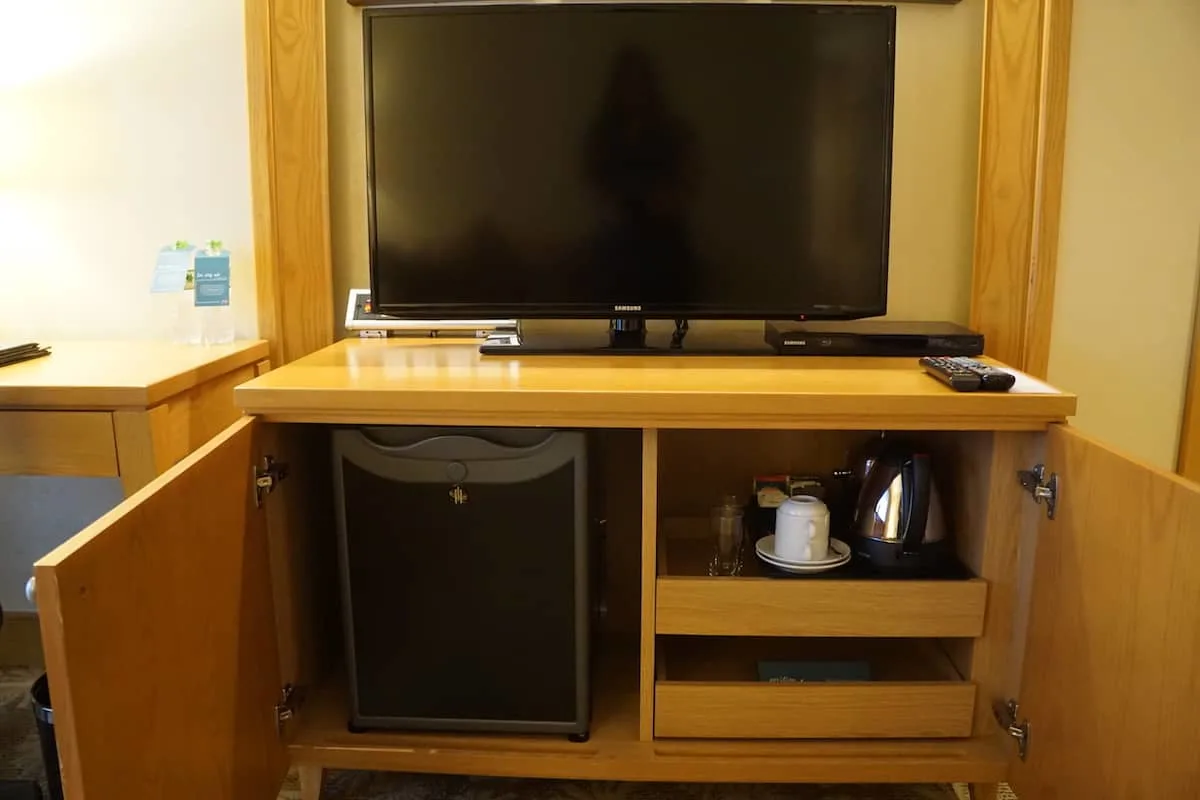 TV, fridge, and coffee pot