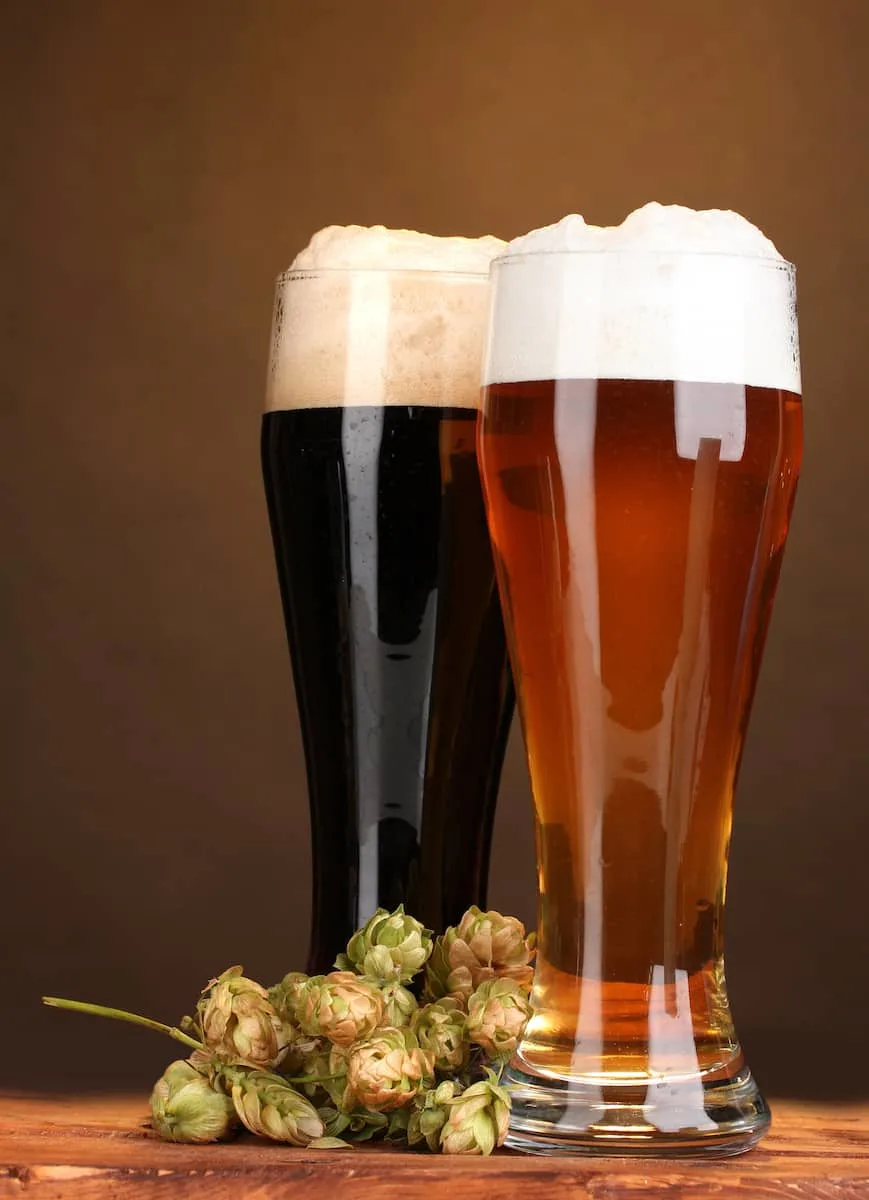 black and golden beer in glasses and hop on wooden table on brown background